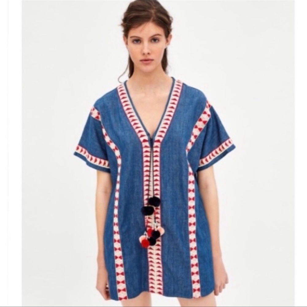 Zara Denim V neck Tribal Dress Size S